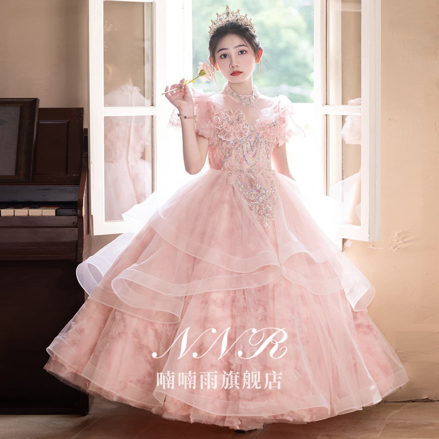 Pink Girls Dress High-End Luxury Unique Birthday Princess Dress Children Host Piano Performance
