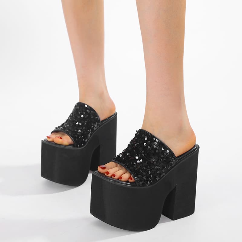 Summer Wedge Thick Sole Sandals European and American Fashion Sequins High Heel Platform Thick Sole Women's Slippers Waterproof Platform