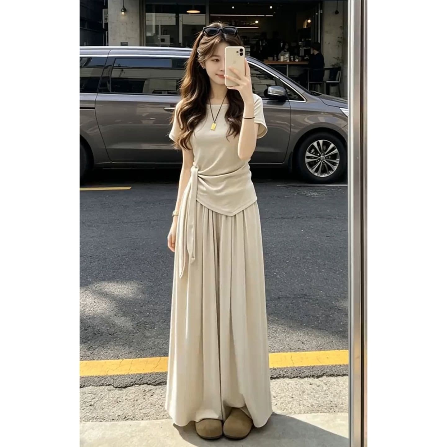 Stylish OOTD Set 2026 Summer New Short Sleeve Top for Women Casual Wide-Leg Pants Loungewear Two-Piece Set