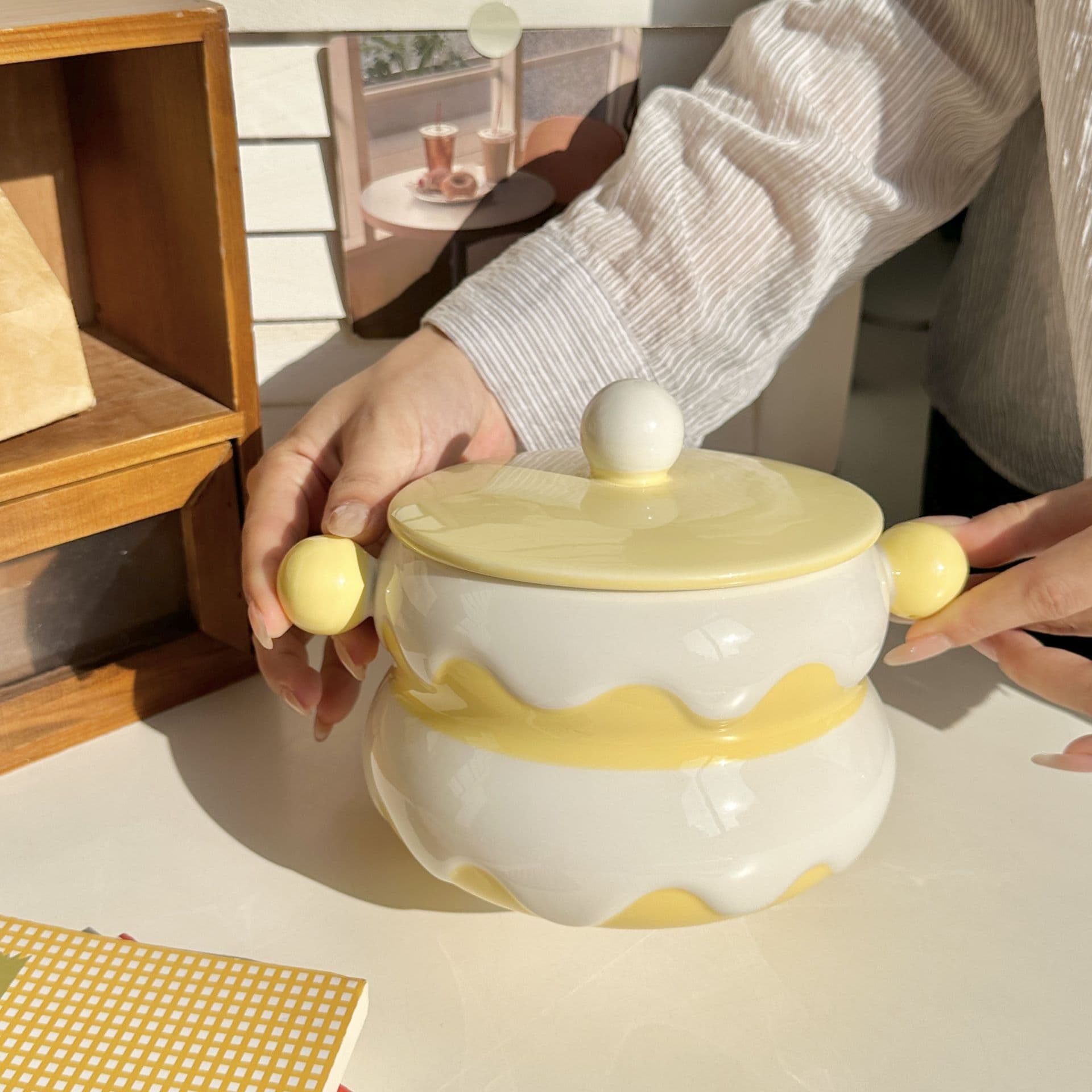ins cream style cake instant noodle bowl with lid cute ceramic soup bowl household instant noodle bowl student dormitory rice bowl