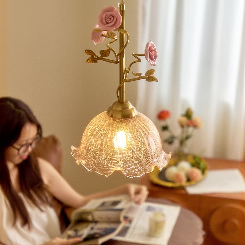 All-Copper French Ceiling Pendant Light, Romantic Rose Flower Pendant Lamp, Creative Personality Vintage Art Modern Restaurant Light