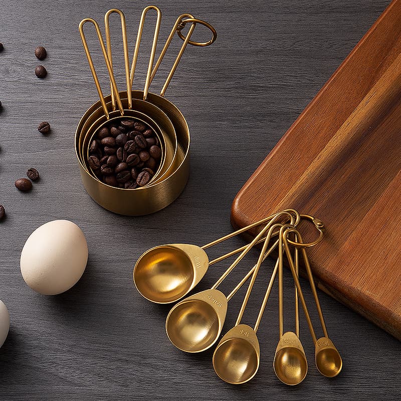 Stainless Steel Measuring Cup and Spoon Set, Seasoning Measuring Spoon, Titanium-Plated Gold Baking Measuring Cup with Scale