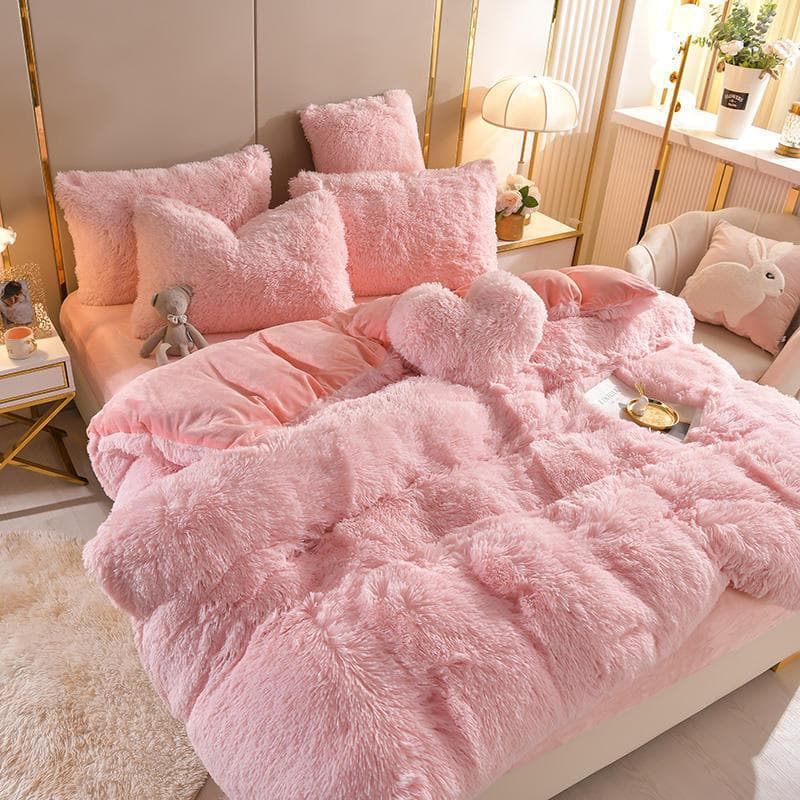Thick Warm Mink Fleece 4-Piece Set, Crystal Fleece Coral Fleece Long Pile Double-Sided Plush Fitted Sheet Style 3-Piece Set