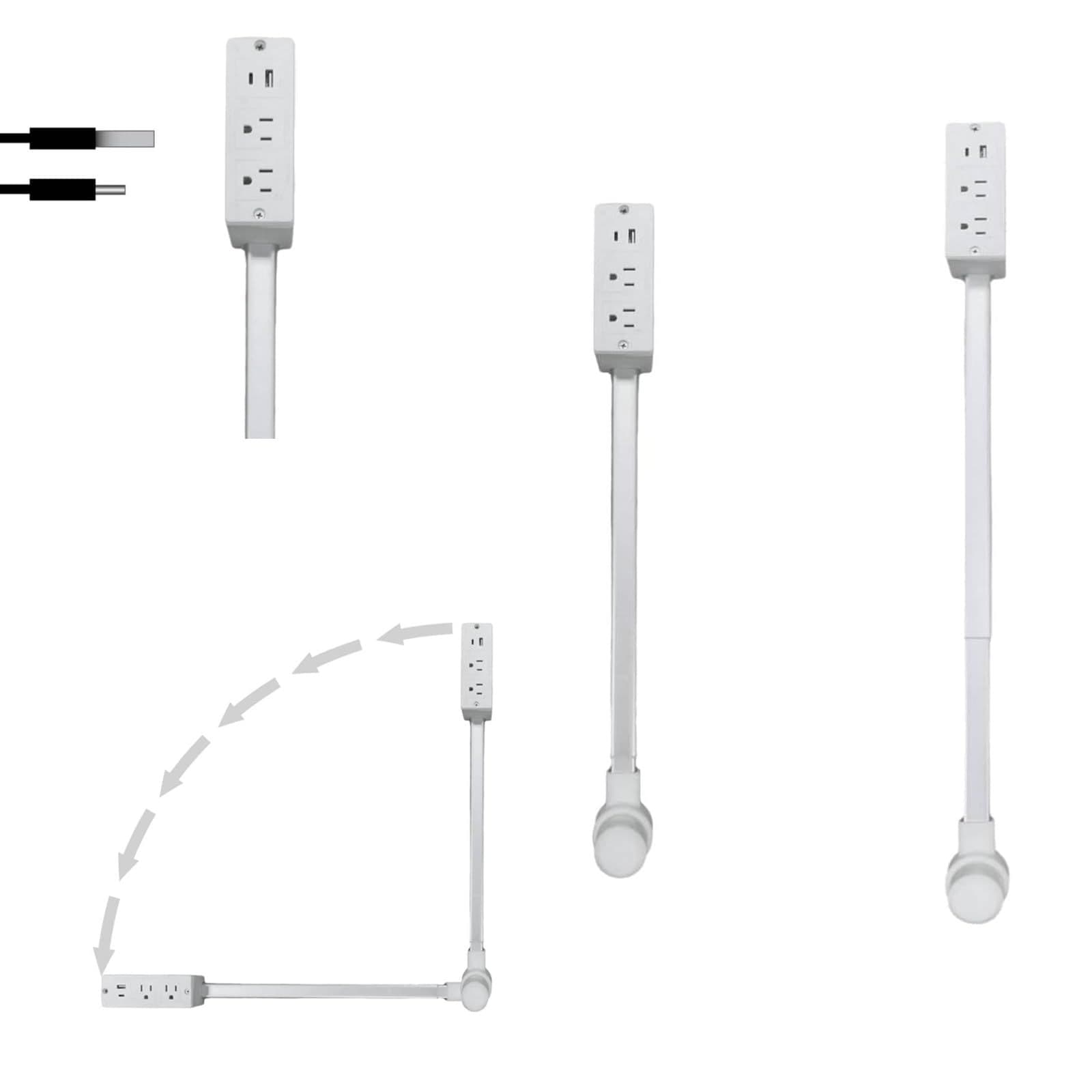 Power socket extender with USB-A/USB-C ports and 2 AC outlets, extendable up to 27.56 inches.