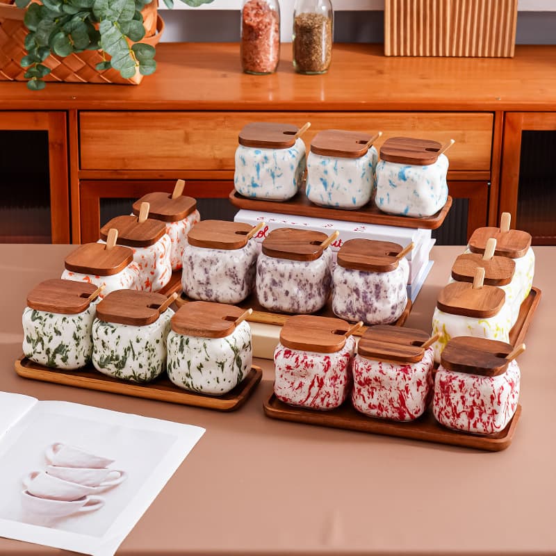 New Chinese Ink-Wash Ceramic Seasoning Jar Set with Lid, Spoon, Wooden Tray, Kitchen Salt Sugar Jar Spice Box, Home Wholesale