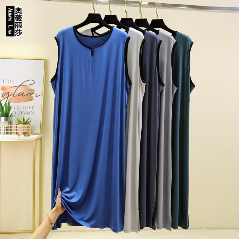 Modal Cotton Couple Plus Size Sleepwear Men's Summer Solid Color Thin Armless Medium-Length Loose-Fit Buttoned Vest Sleep Dress