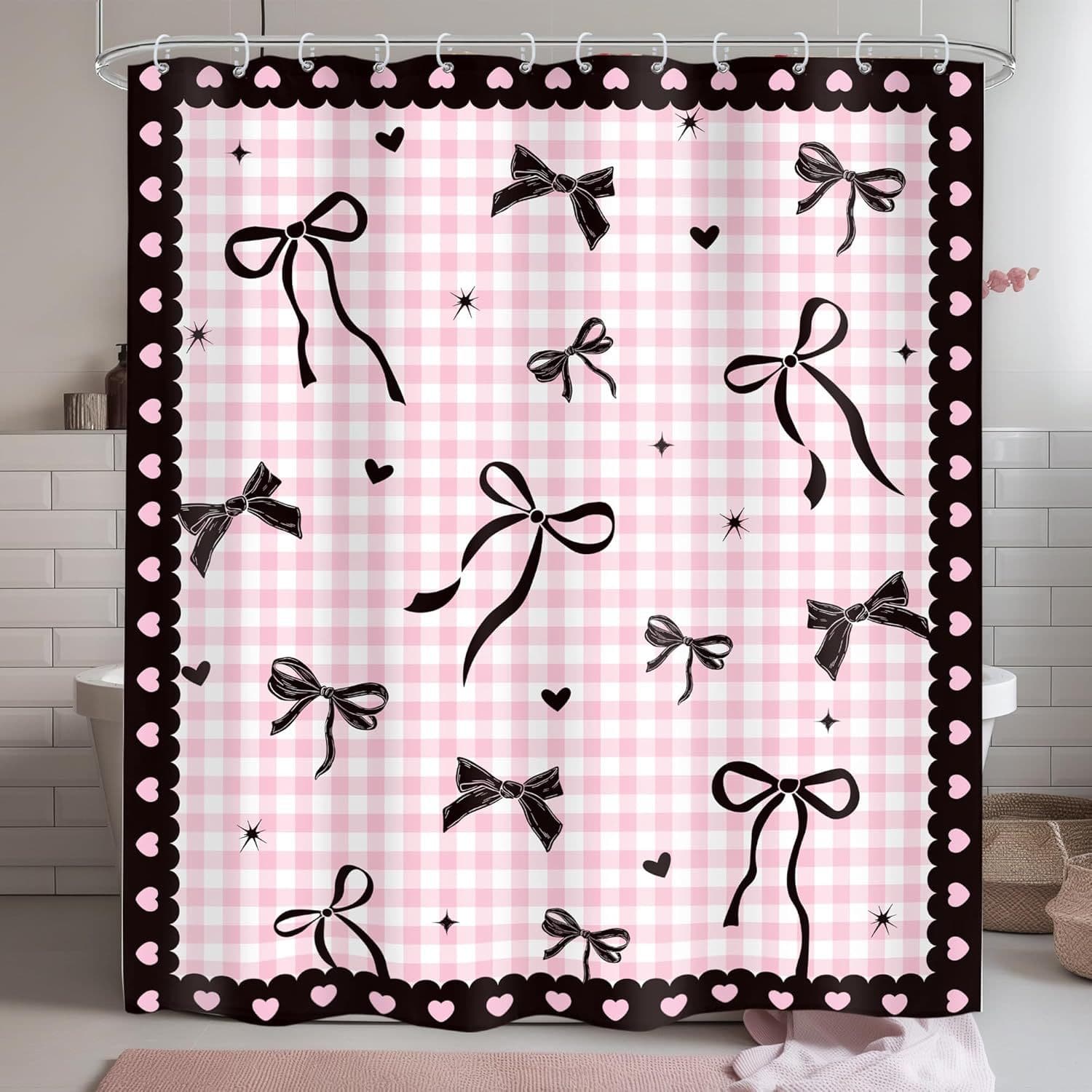 Amazon Classic Plaid Black Pink Bow Cowboy Hat Print Decorative Shower Curtain Daily Pink Girl Bathroom Partition