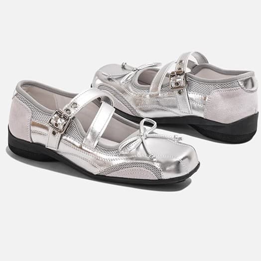 Silver single shoes for women, summer retro Mary Jane shoes, versatile breathable bow ballet shoes, flat moral training shoes, sandals