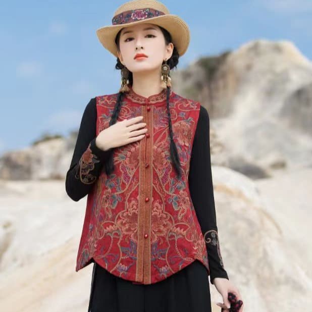 Ethnic Style Women's Wear Satin Heavy Work Embroidery Hem Irregular Short Vest Travel Outfit Embroidered Waistcoat Jacket