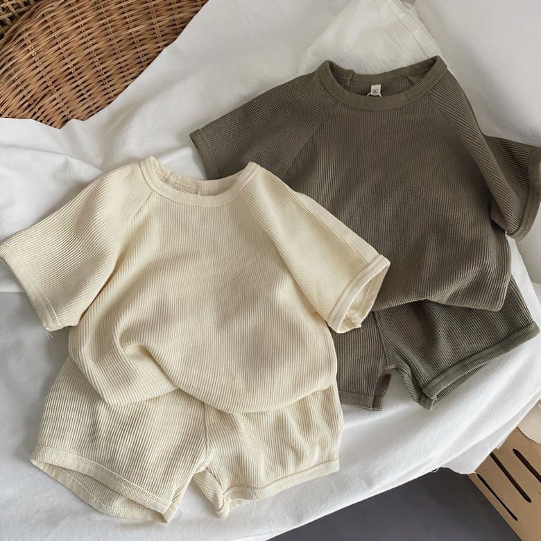 The forest style is very high quality~Korean boys and girls short-sleeved suit waffle baby 2-piece set for home and outdoor wear