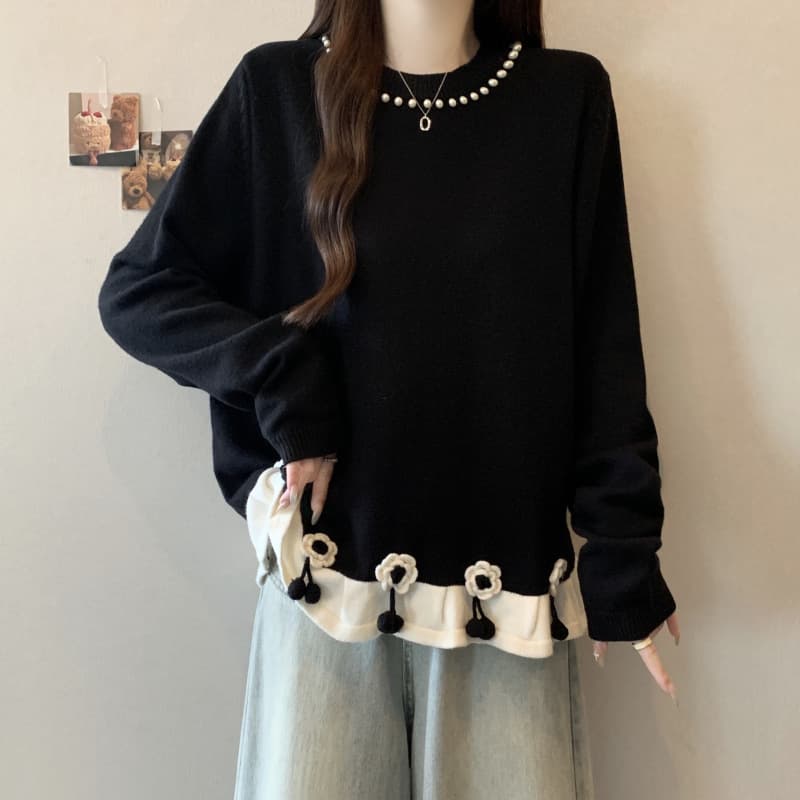 Plus Size 3D Floral Knit Sweater, Autumn/Winter New Arrival, Lace-Edge Loose Base Layer Top for Curvy Women