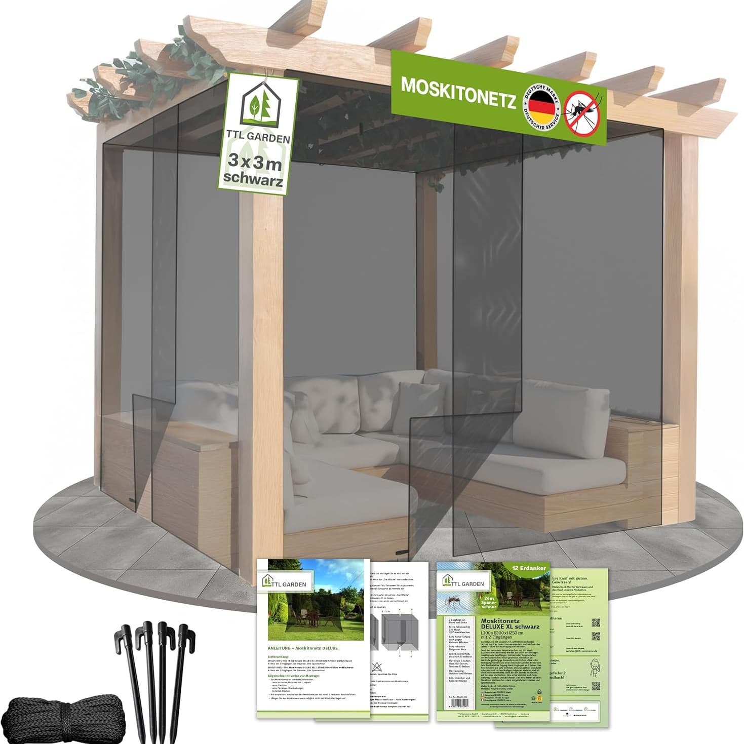 Luxury XL 300x250cm black fine mosquito net mesh insect net with 2 entrances, tear-resistant with ground stakes and rope