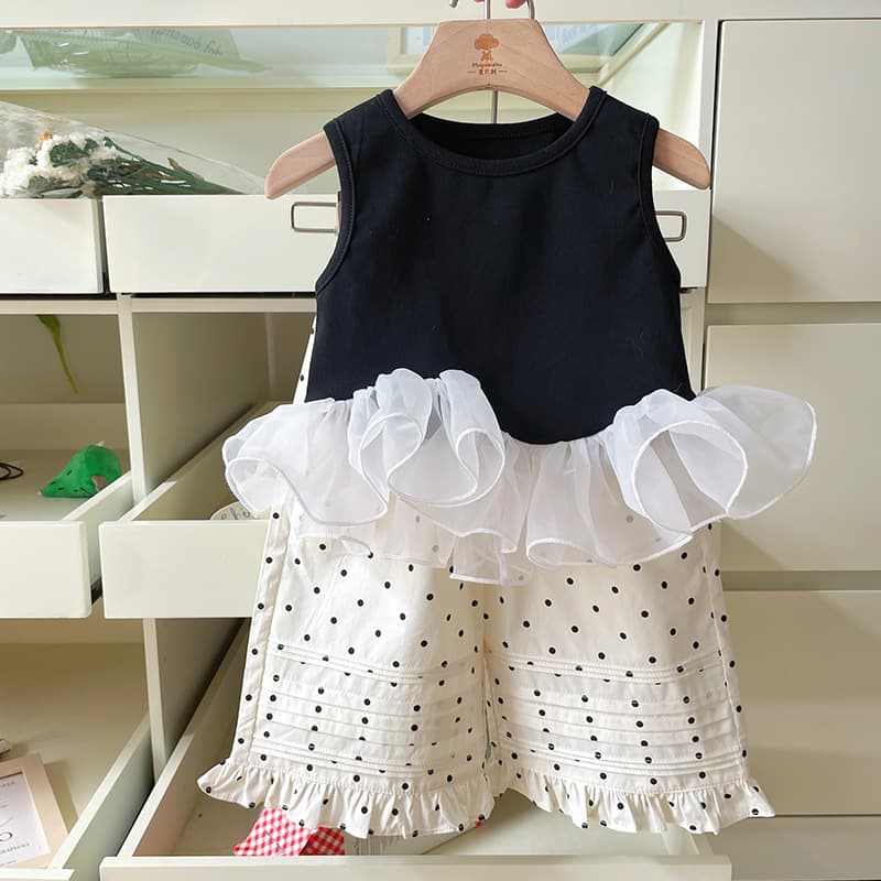 Spot DZ25202 girls suit 2025 summer new style splicing mesh top design lace polka dot pants