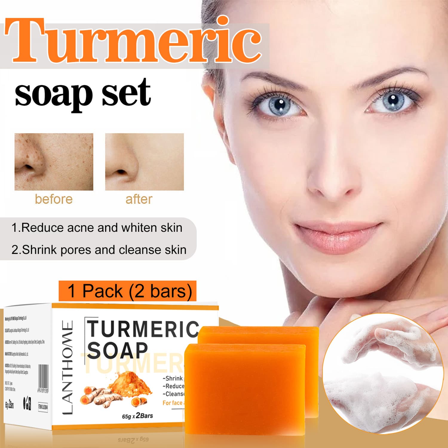 Cross-border Turmeric Soap TURMERIC SOAP Refreshing Repair Cleansing Soap Bath Soap 65gx2Bars