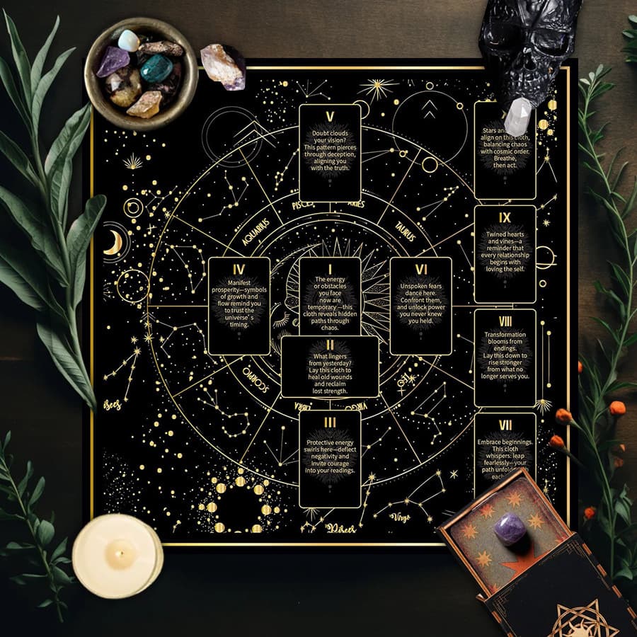 Cross-border hot selling retro moon phase tree of life altar cloth five-star tarot card black oracle mat tarot tablecloth mat