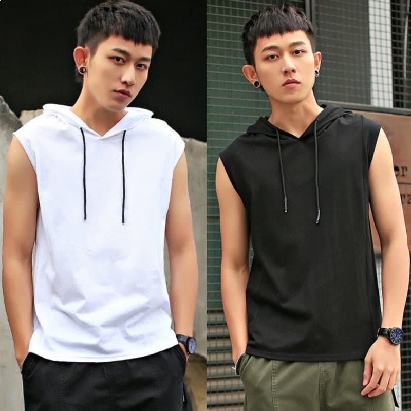Cross-border Sleeveless T-Shirt Men's Summer Vest Trendy Hooded Vest Short Sleeve Hoodie Sports Vest Men