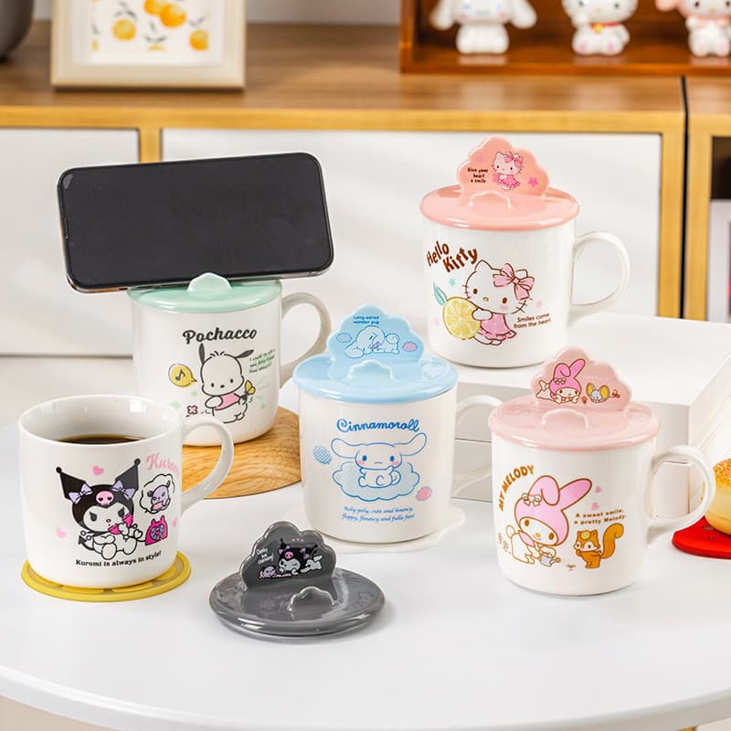 HELLO KITTY Ceramic Cup with Lid and Phone Stand, Office Cute Girl Ins Style Children's Water Cup Home Use