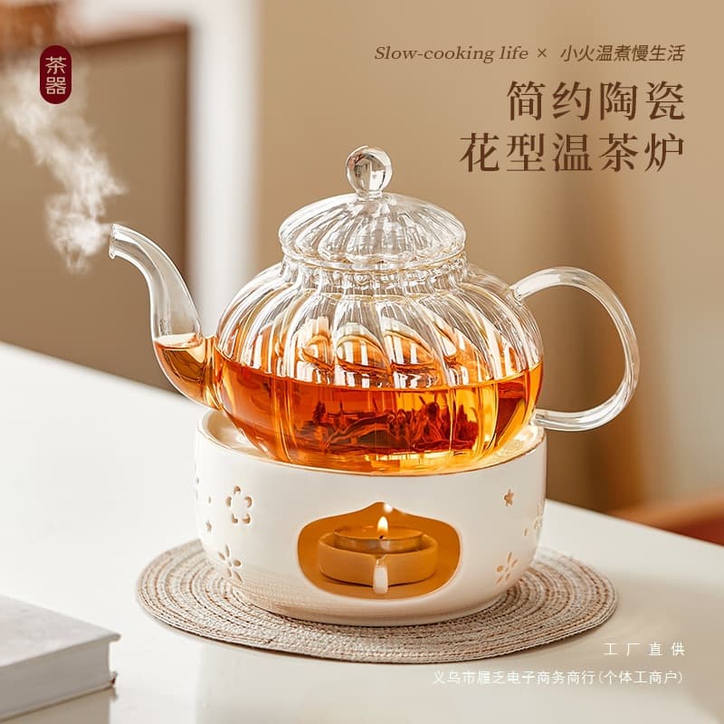 Warm Tea Warmer Ceramic Base Heating Warmer Heat-Resistant Glass Flower Tea Pot Tea Maker Candle Heating Stove