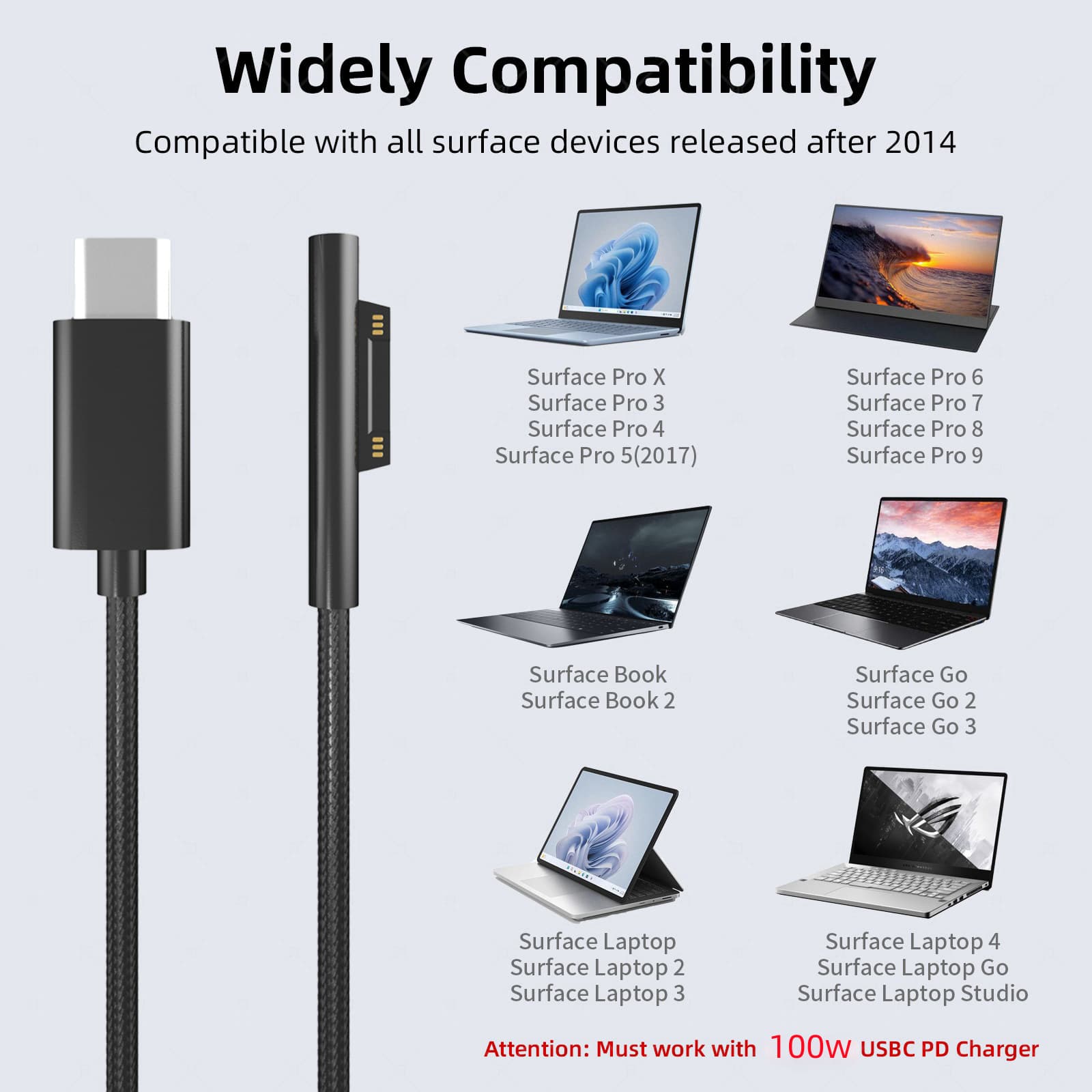 Cross-border TYPE-C 100W charging cable 15V3A compatible with Microsoft Surface Pro/go/book data cable