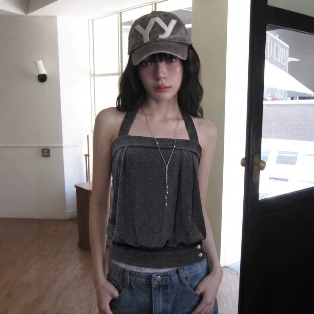 Pure lust style dark gray halterneck women's summer design flower bud sleeveless tube top suspender outer top