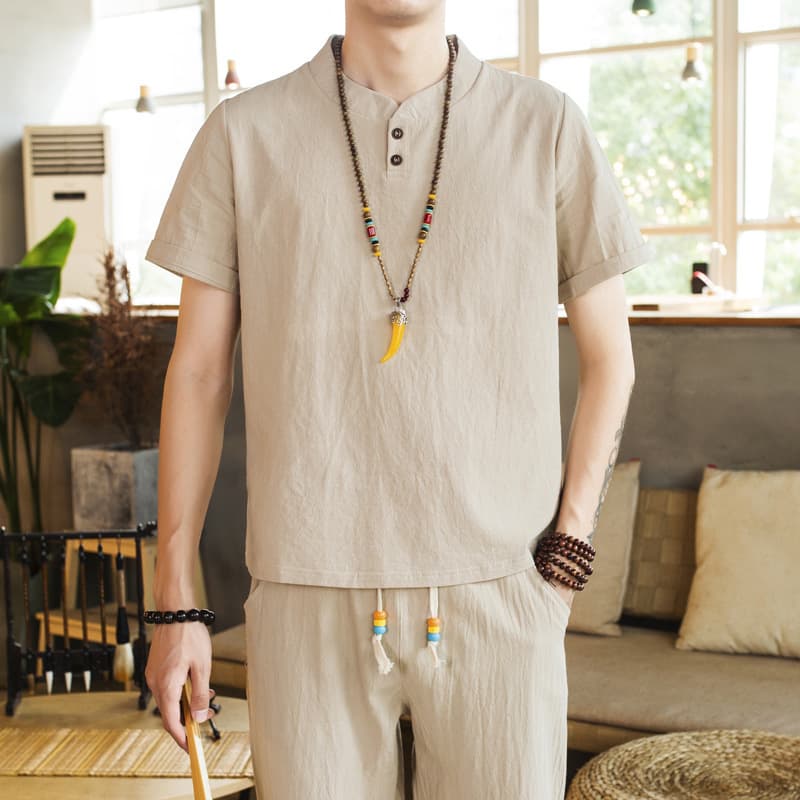 New Men's Linen-Cotton Short Sleeve T-Shirt and Cropped Pants Two-Piece Set, Casual Solid Linen Pants, Stylish