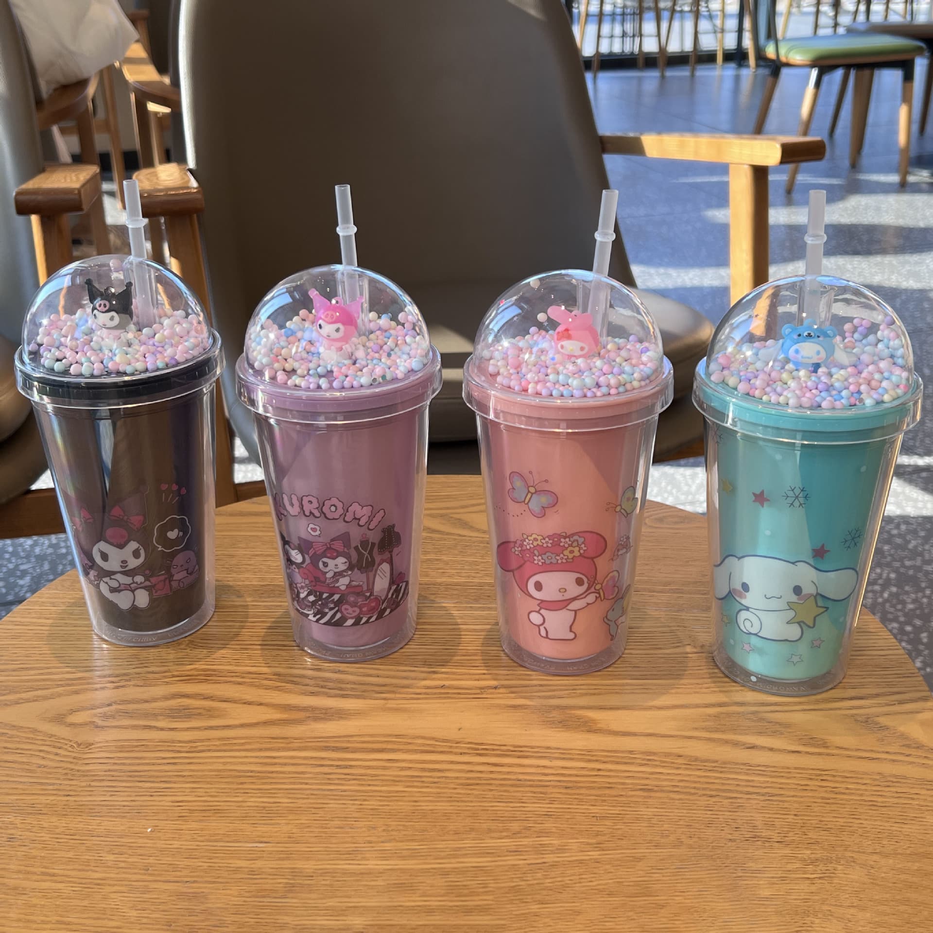New Trendy Plastic Cup Double Layer Cartoon Kuromi Water Cup Export Ice Crack Crushed Ice Cup Portable Straw Cup Wholesale