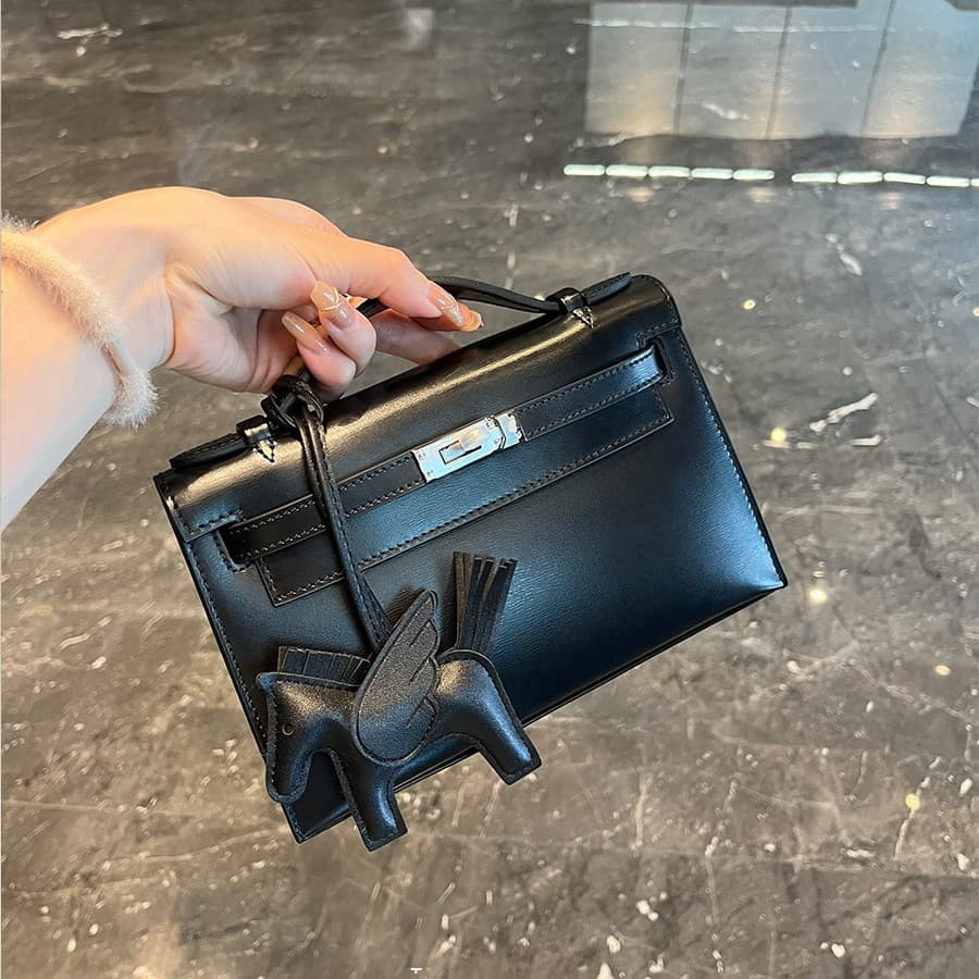 2025 New Box Leather First Generation Mini Silver Lock Kelly Bag Premium Fashion Versatile Black Handheld Crossbody Women Bag