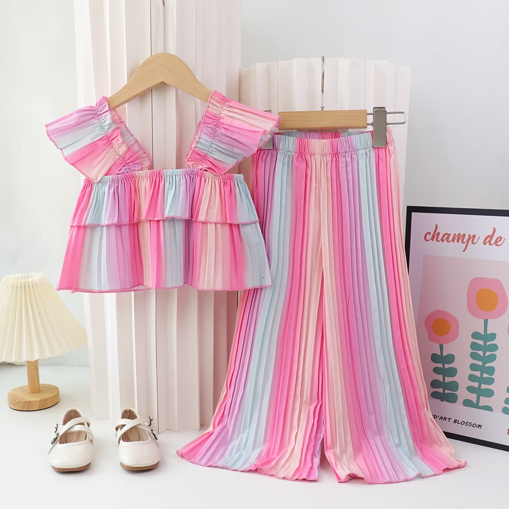 2025 summer new cross-border children's clothing European and American style fashion rainbow color suspender tops pleated pants girls two-piece set