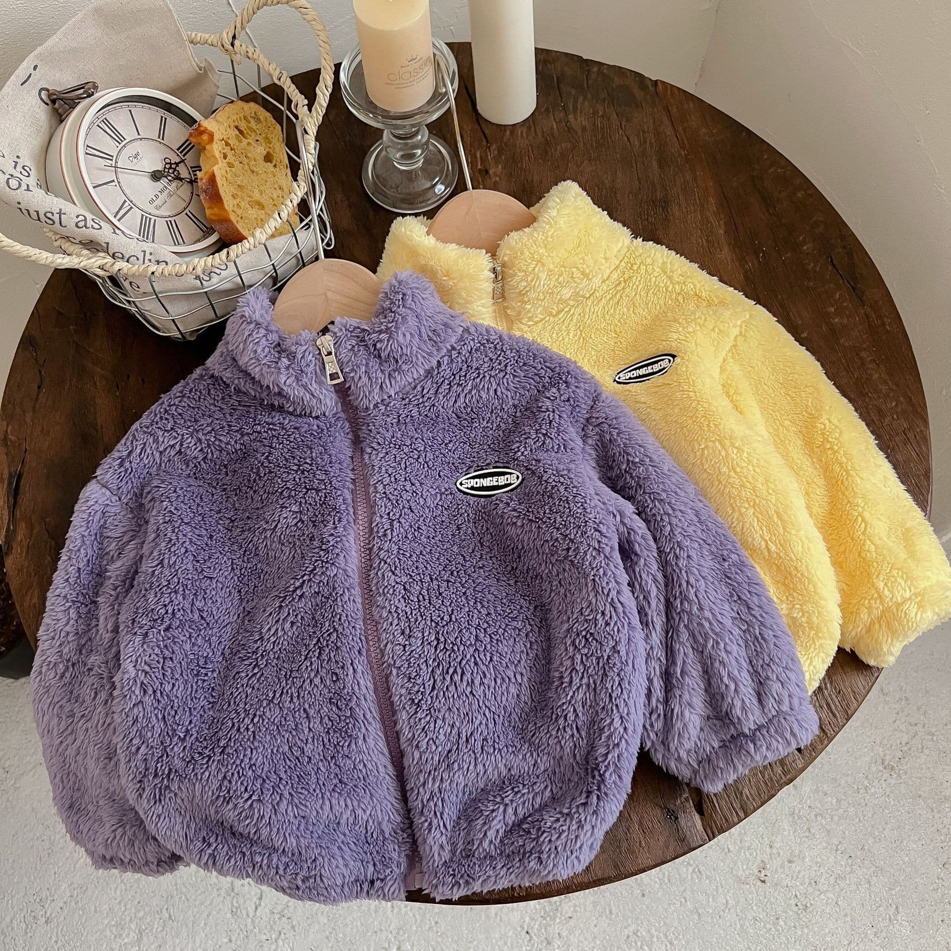 New children's flannel fleece-lined thick tops, autumn/winter stand-collar cardigans for boys and girls, warm outerwear