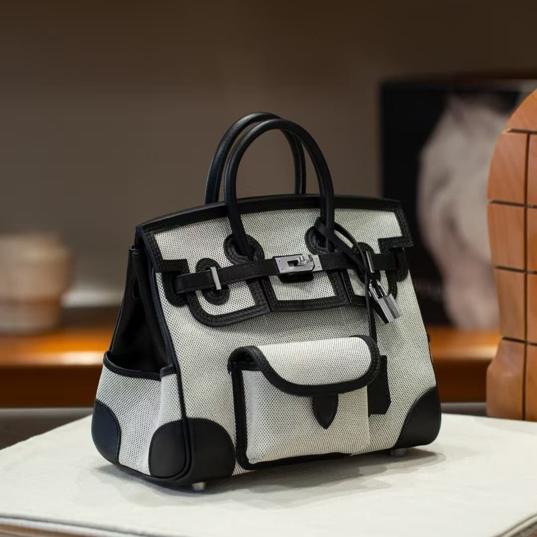 Majia Swift cowhide stitching canvas pocket Birkin bag 25cm color matching handbag high-end one-shoulder cross-body bag
