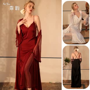 Feiyun New Sexy Slip Dress with Padded Cups Extended Length Bathrobe Sleepwear Women Long Sleeve Satin Homewear Set 518