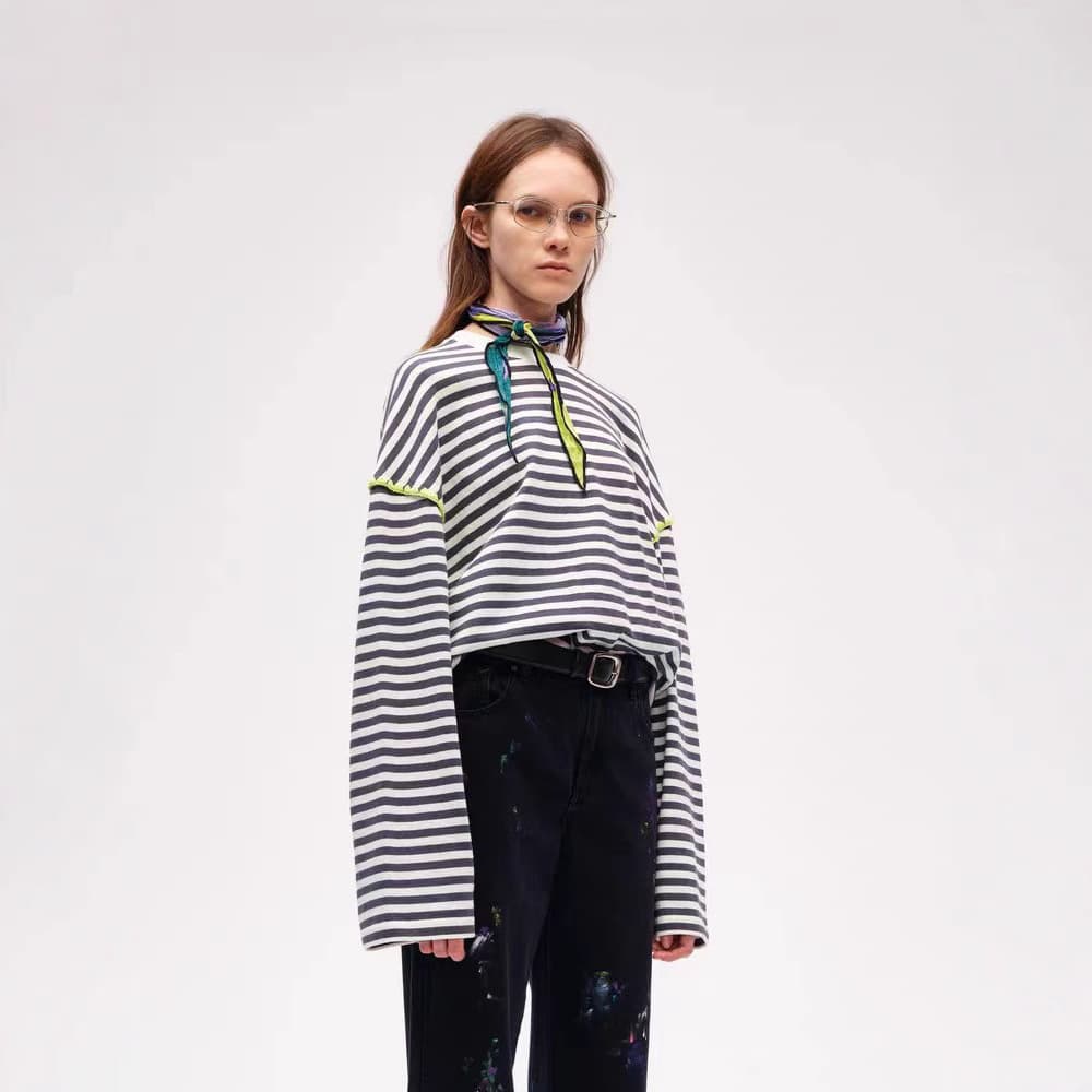 Designer Shell Embroidery Classic Stripe Long-Sleeve T-Shirt Unisex Sweatshirt