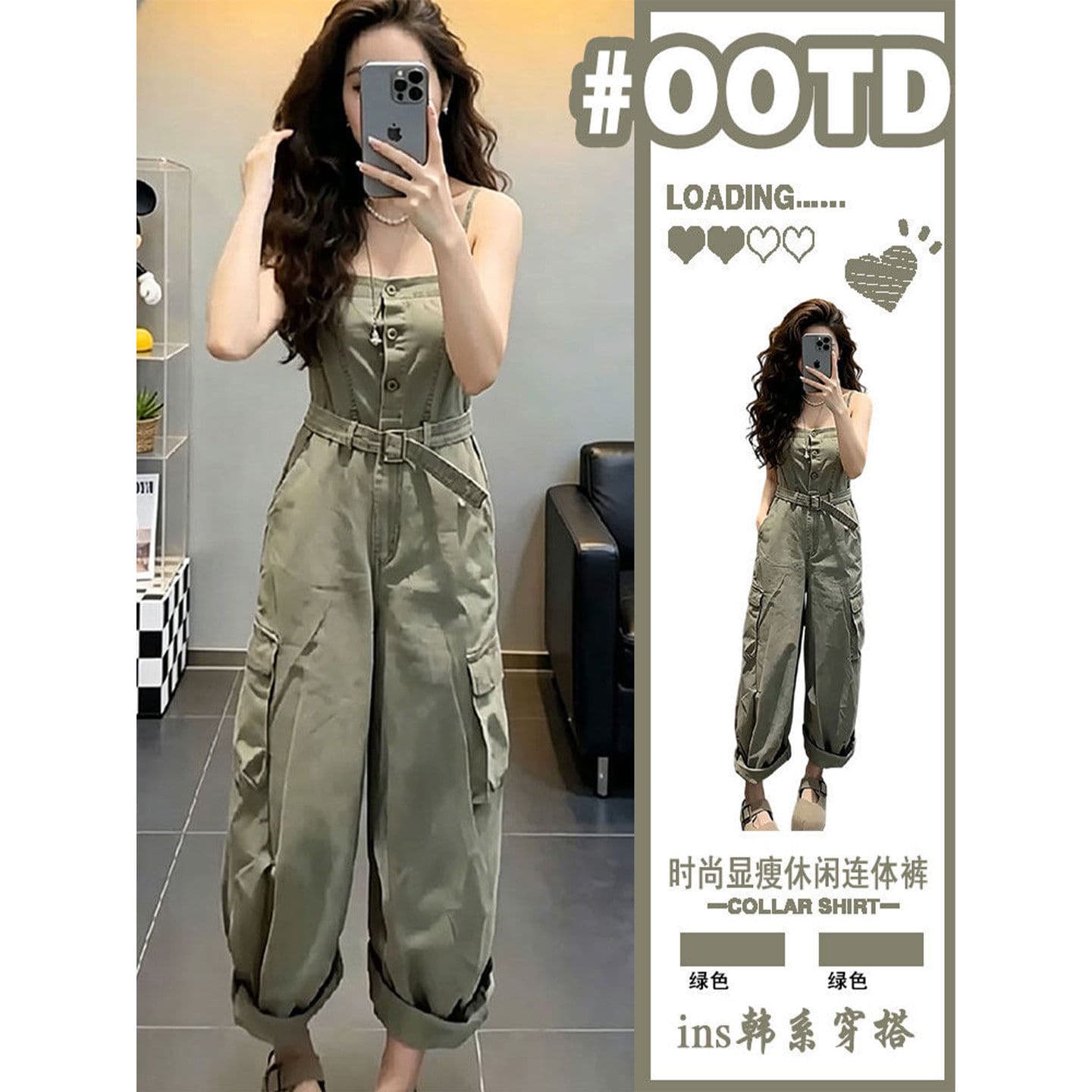 mm74 Retro Women's Summer Thin High-Waist Cinched Waist Multi-Pocket Wide-Leg Olive Green Jumpsuit