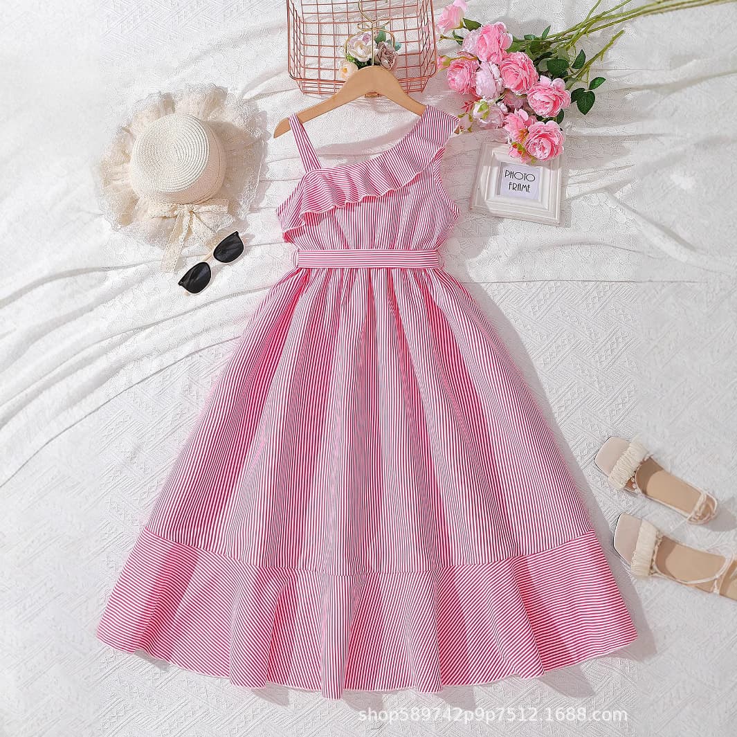 2025 Summer New Europe and America Cross-Border Independent Site Spaghetti Strap Elegant Printed Striped High Waist Maxi Dress Sweet