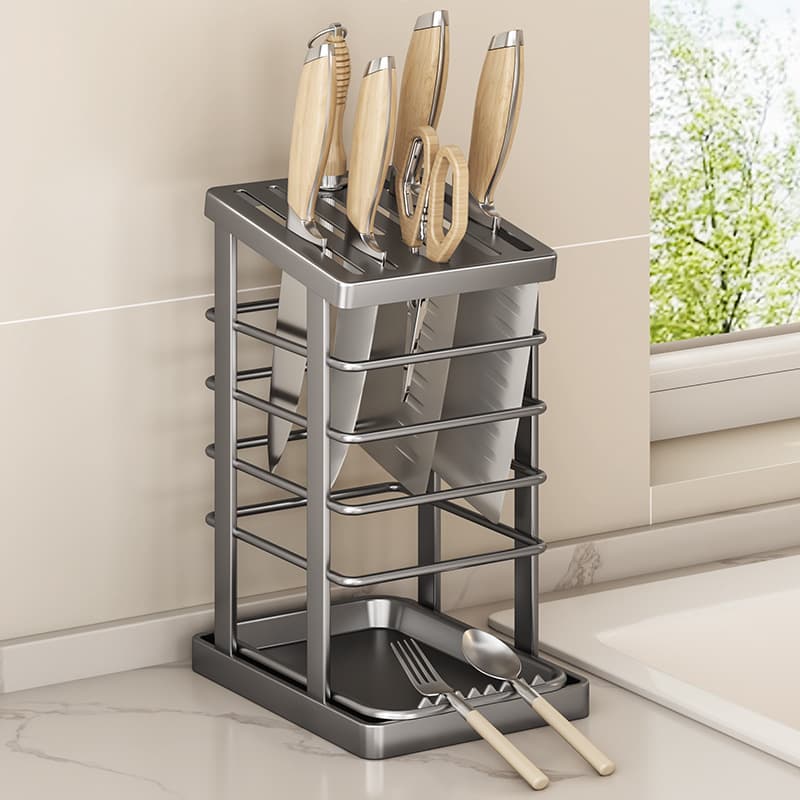 Cross-border stainless steel knife holder, household kitchen countertop knife and cleaver rack with drain tray, knife block drop shipping.