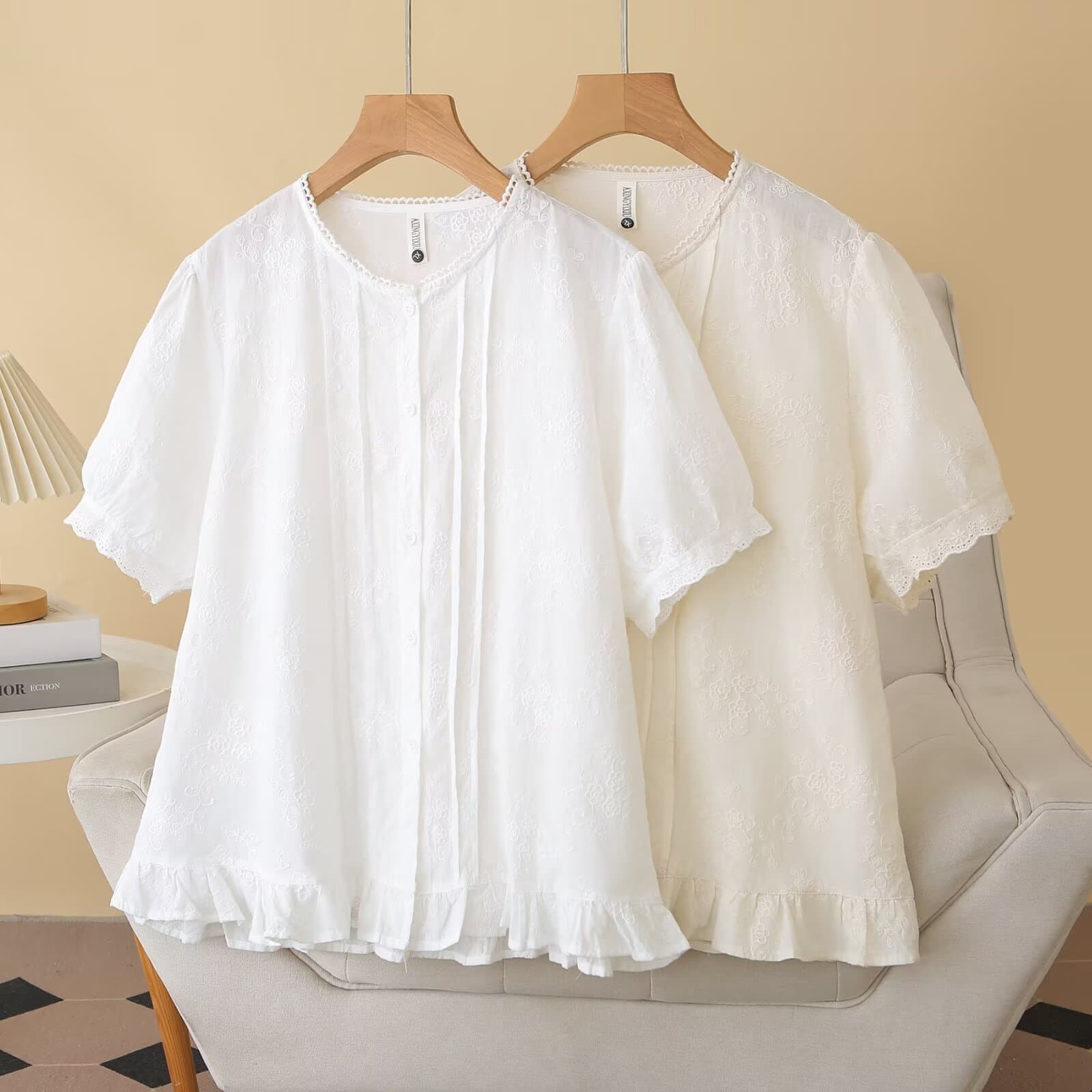 2026 giant good-looking short-sleeved shirt for women plus size summer new fat mm embroidered ruffle lace half-sleeved top 9919