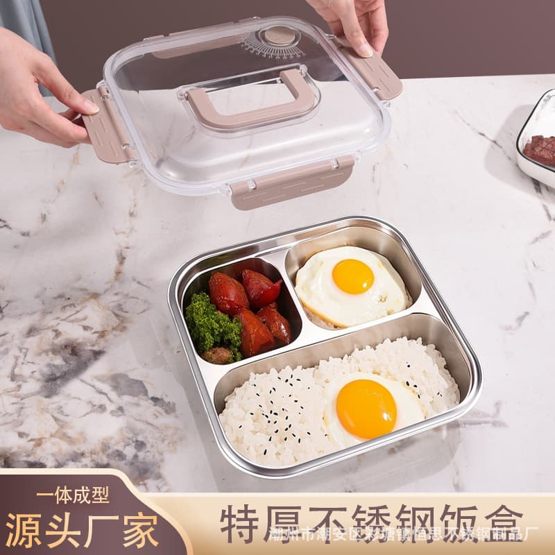 304 food-grade stainless steel compartmented lunch box with lid for office workers, school students, sealed and fresh-keeping lunch box