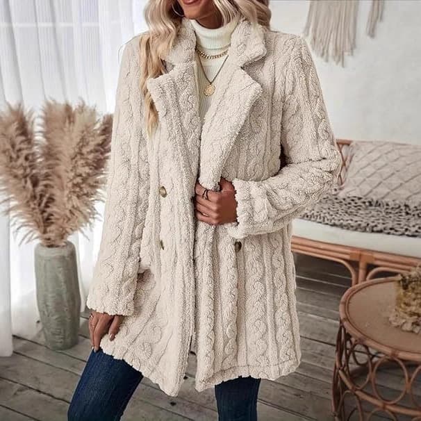Amazon European and American Best-Selling Women's Plush Coat Comfortable Casual Warm Long Coat with Double-Breasted Collar