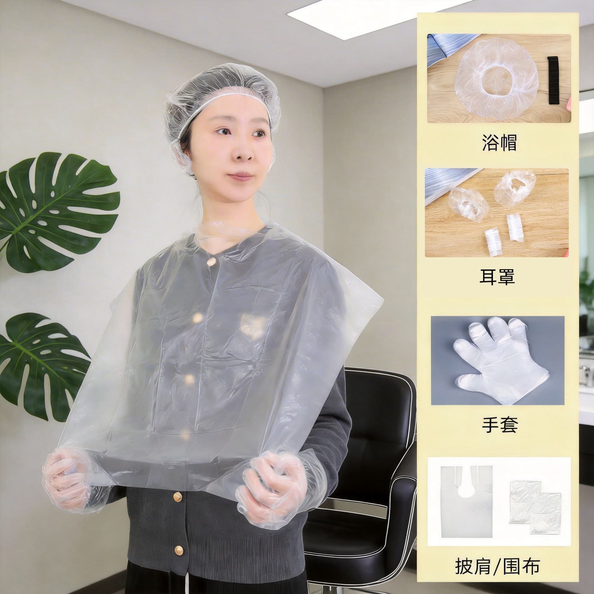 Disposable hair dyeing tool four-piece set, hair treatment, shower cap, ear covers, gloves, cape, and hair styling cloth.
