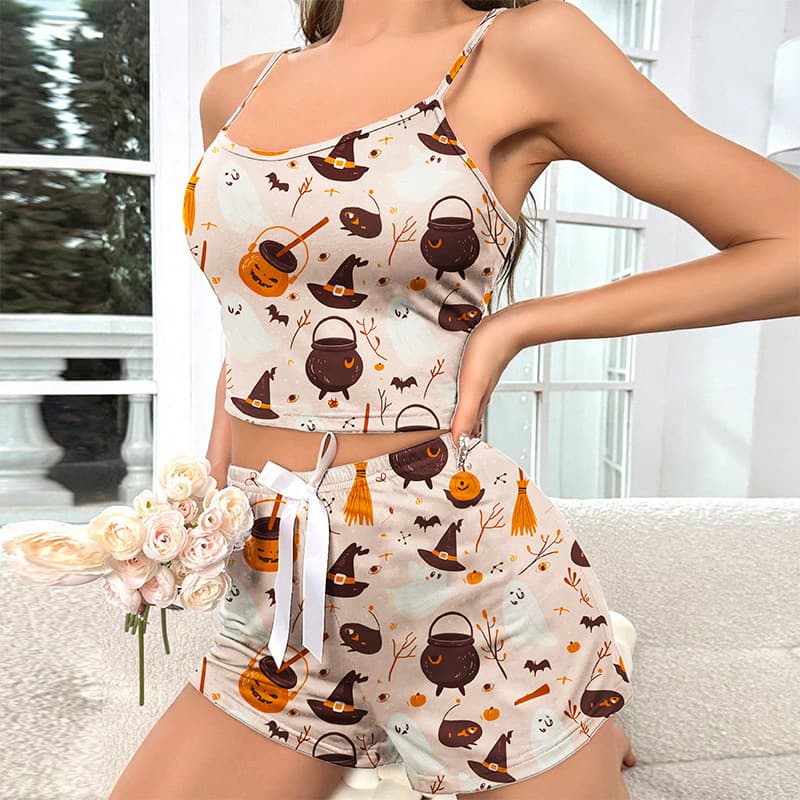 European and American cross-border hot-selling Halloween pumpkin print sleeveless suspenders fashionable wearable pajamas home clothes women's suit