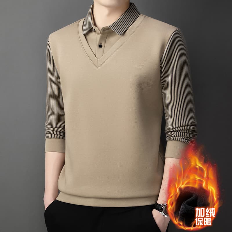 Popular two-piece sweater, winter warm fleece-lined and thickened men's knitwear, lapel, Korean style, fashionable slim fit.