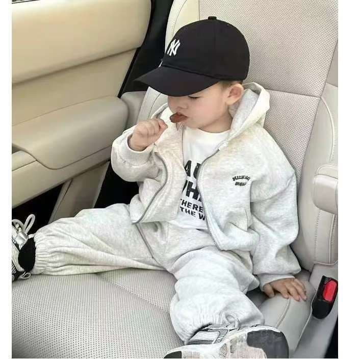Children's suit 2024 new sports two-piece zipper boy's hooded sweatshirt Korean version baby spring and autumn children's casual