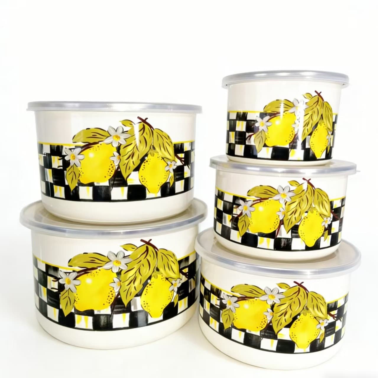 Thickened Sealed Enamel Bowl with Lid 5-Piece Set, Fresh-Keeping Bowl, Bento Box, Fruit Bowl, Storage Bowl, Instant Noodle Soup Bowl