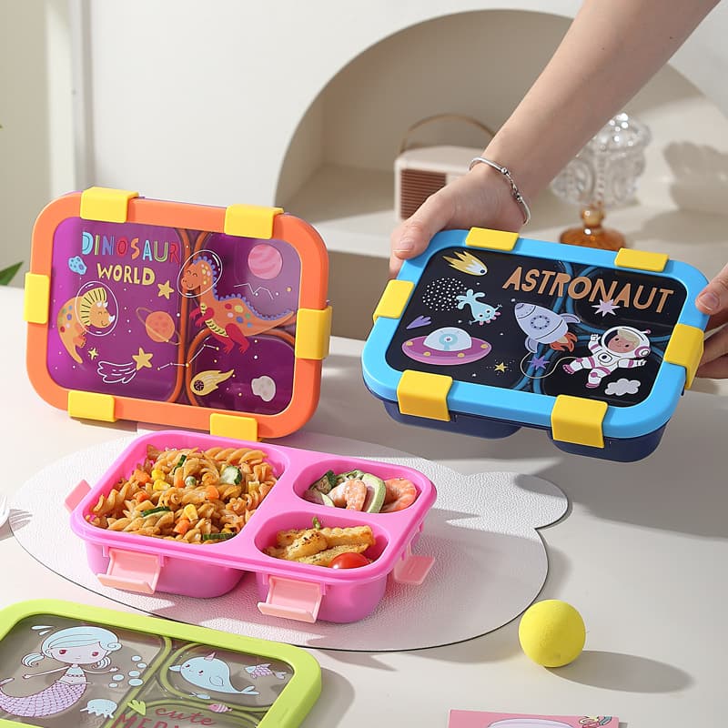 Cartoon student lunch box, simple food-grade plastic lunch box with compartments, sealed buckles, leak-proof lunch box with cutlery