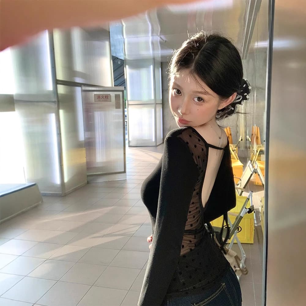 Mesh Patch Backless Long Sleeve T-Shirt Women Autumn Slim Fit Polka Dot Sexy Design Black Slimming Base Top