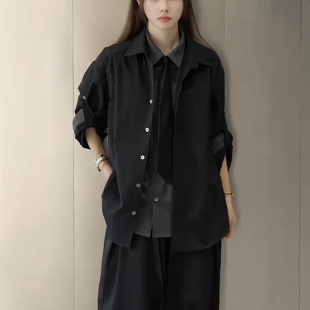 Fake Two-Piece Black Shirt Jacket for Men and Women, Autum New Niche High-End Shirt with Tie Suit Top