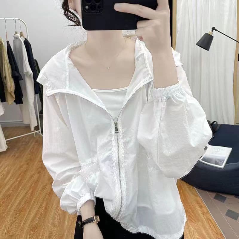 Women's thin hooded loose sun protection jacket, Korean style, UV protection top, sun protection cardigan, versatile outerwear