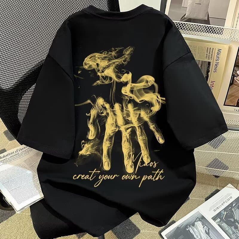 2025 Fashion Trend American High Street Retro Hand-Painted Smoke Palm Print National Trend Versatile Short Sleeve T-Shirt