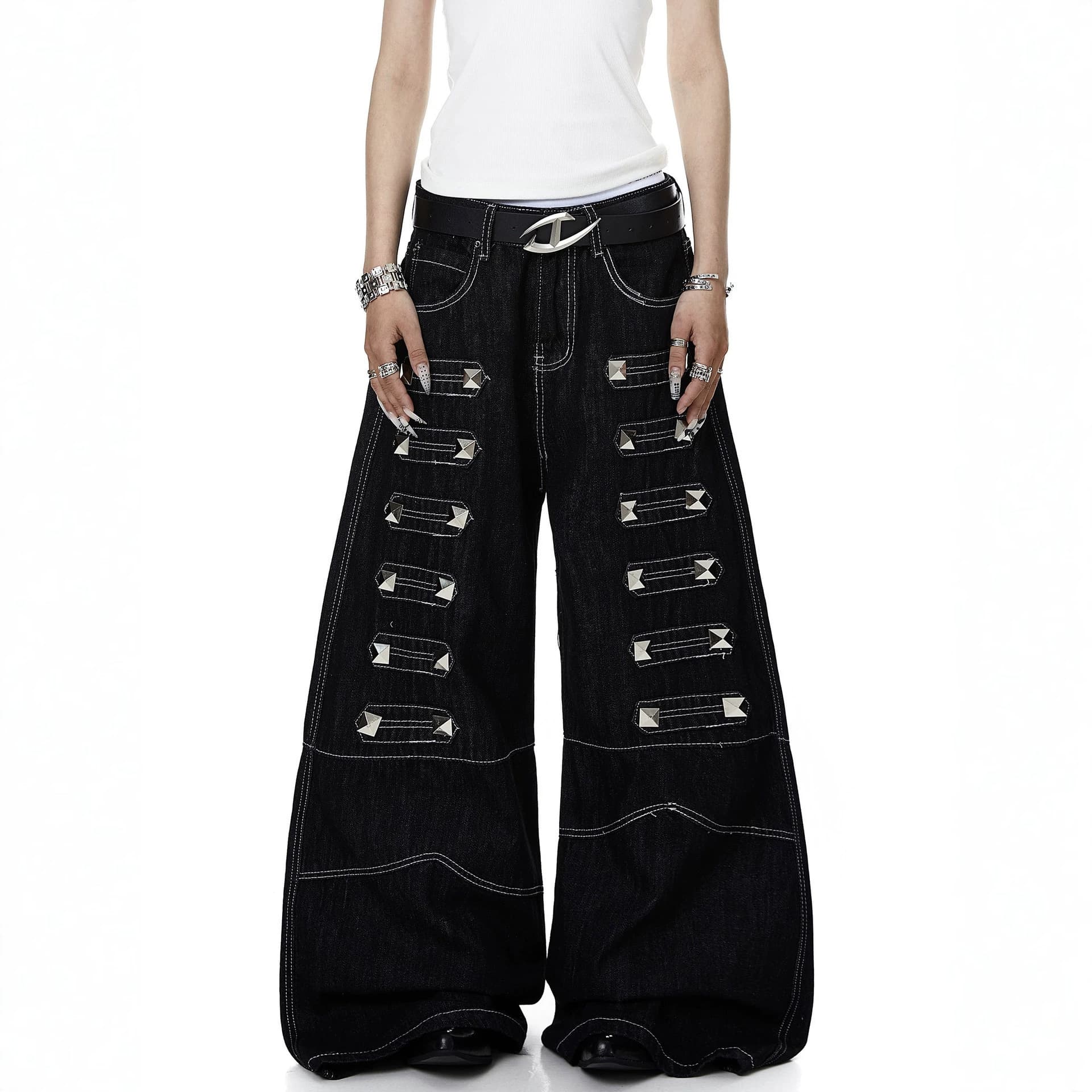 Cross-border exclusive supply of American heavy-duty rivets and top-stitch design primary color jeans for men and women Abby punk bootcut pants