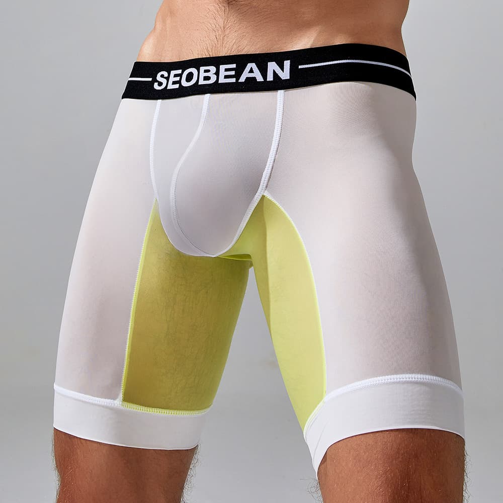 SEOBEAN Men's Youth Sexy Color-Block Low-Rise Ice Silk Boxer Briefs Long Leg